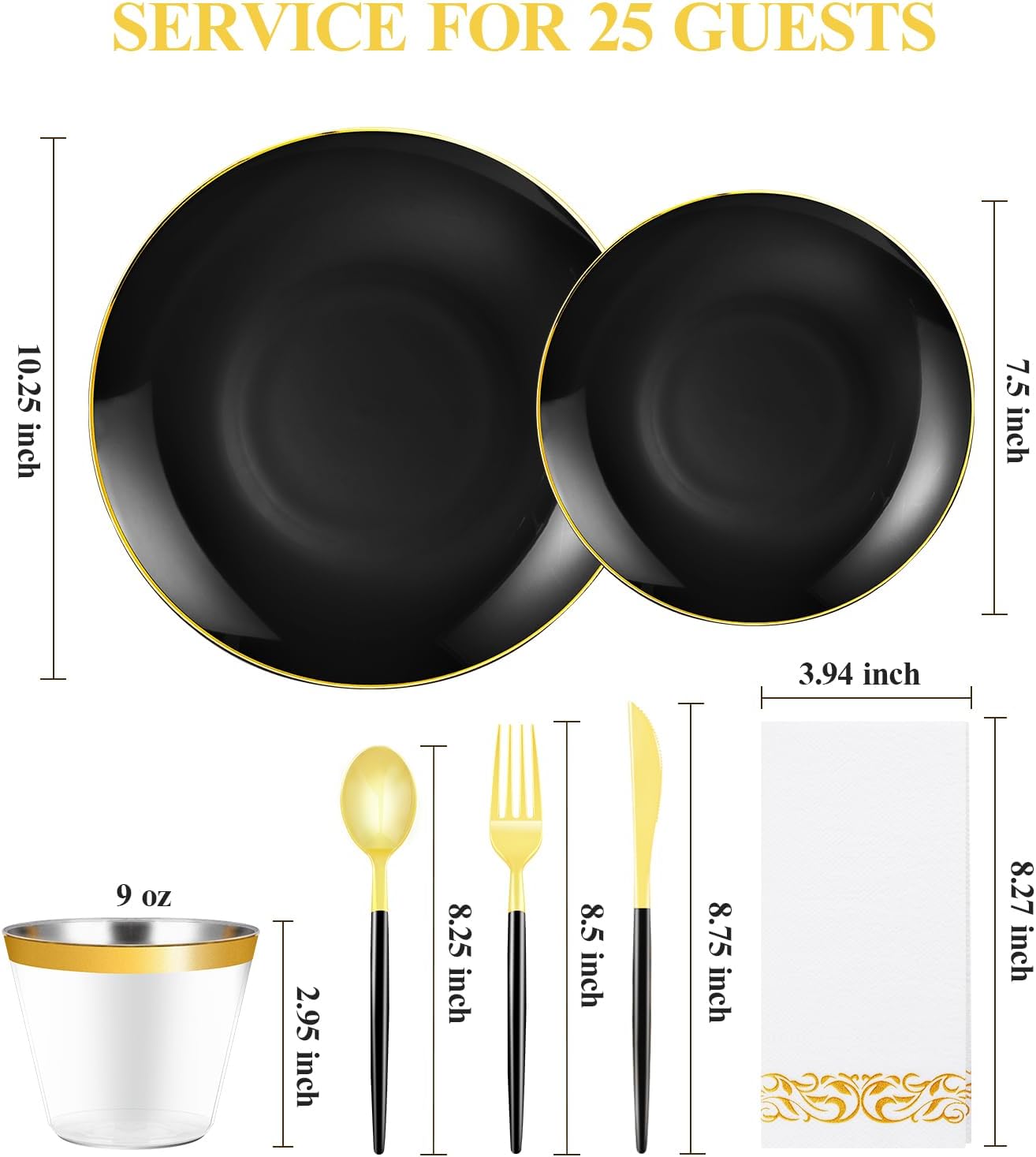 175 Pieces Black Gold Plastic Dinnerware Set, Gold Disposable Plates for Party, Include 50 Black Plates with 75 Plastic Cutlery, 25 Napkins and 25 Cups