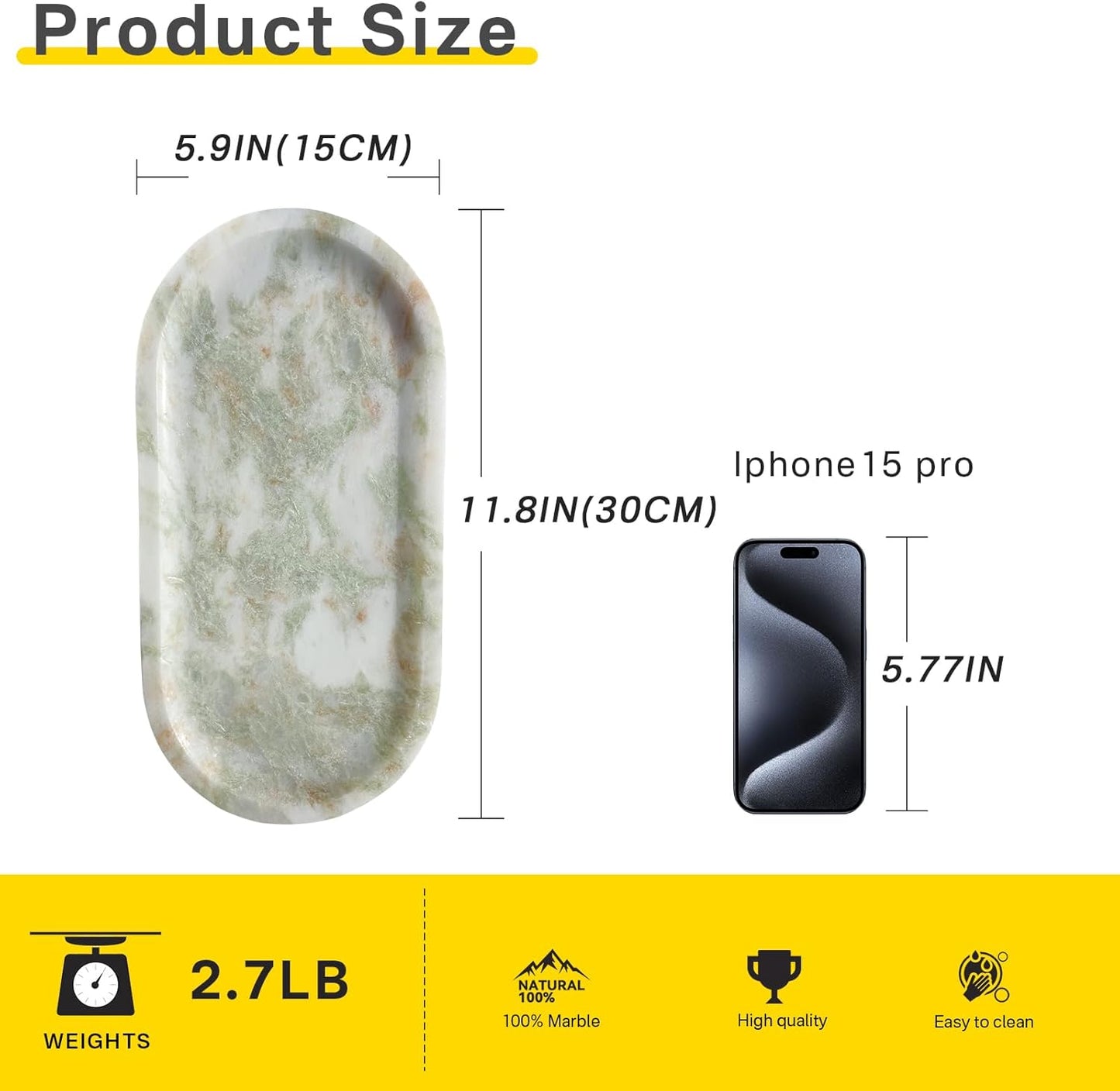 Natural Marble Tray, Stone Vanity Tray for Bathroom & Kitchen Countertop - Organizer for Perfume, Jewelry, Cosmetics 12x6 Inch,Pinkish Green