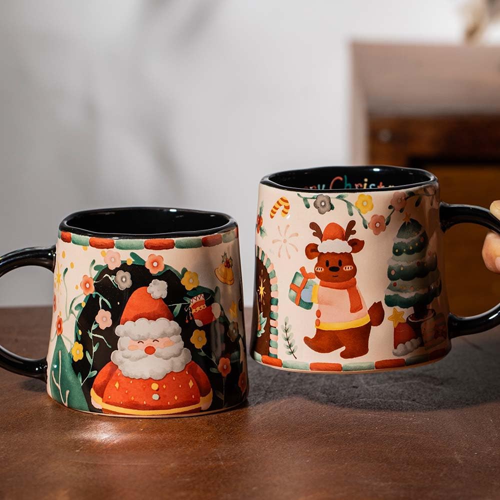 280ml/9.47oz Set of 2 Christmas Coffee Ceramic Mugs with Cute Design,Christmas Coffee Cup with Gift Box,Ceramic Mug as Christmas Gifts for Family, Friends and Colleagues