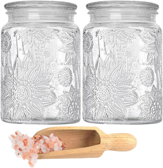 ANSQU 2-Pack Glass Bath Salt Jar with Wooden Scoop, 23.7oz Bath Salt Container with Lid, Coffee Grounds Container, Coffee Canister