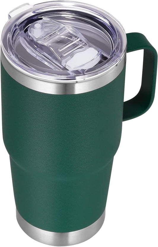 VEGOND 20 oz Tumbler with Handle Lid and Straw, Stainless Steel Insulated Travel Coffee Mug Spill Proof Double Wall Metal Tumbler Cup Keeps Drink Hot and Cold, Dark Green 1 Pack