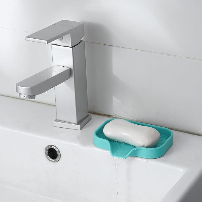 Silicone Bathroom Soap Dishes with Drain Spout-Bathroom and Kitchen Sink Organizer,Sponge Holder,Dish Soap Tray,Perfect for Dispenser,Scrubber,Bottle,Cup on Sink or Counter-Mint 4.9"×3.2"