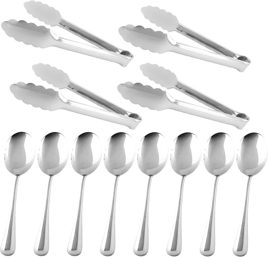 12PCS Stainless Steel Serving Utensils Sets with 8 Large Serving Spoons,4 Serving Tongs,Silver Serving Utensills Sets for Buffet Catering Banquet Party (Silver)