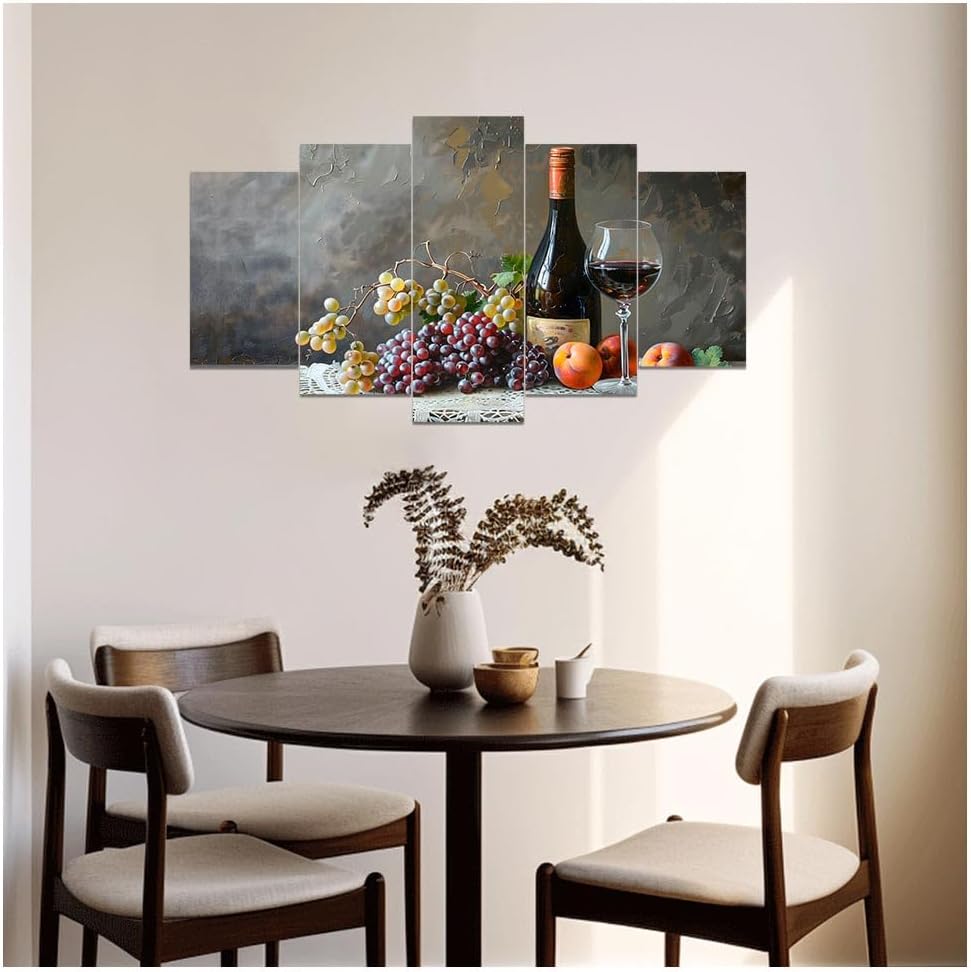 DOARTDO 5 Pieces Kitchen Wall Art Wine and Fruit Grape Pictures Food Canvas Prints Red Wine Cups Painting Large Kitchen Dining Room Bar Cellar Decor Framed (Purple, (16x24inx2 16x32inx2 16x40inx1))