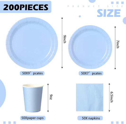 Tioncy 200 Pcs Disposable Paper Plates Cups and Napkins Party Supplies Serve 50 Guests Disposable Paper Dinnerware Set for Halloween Birthday Wedding Baby Shower Family Picnic(Blue)
