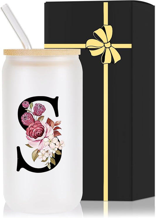 Monogrammed Glass Drinking Cup With Lid Straw Sympathy Bereavement Memorial Gift for Loss Father Dad Mother Mom Kids Husband Wife Loved Friends Pet Dog Cat Going Away Condolence Remembrance Grieving,S
