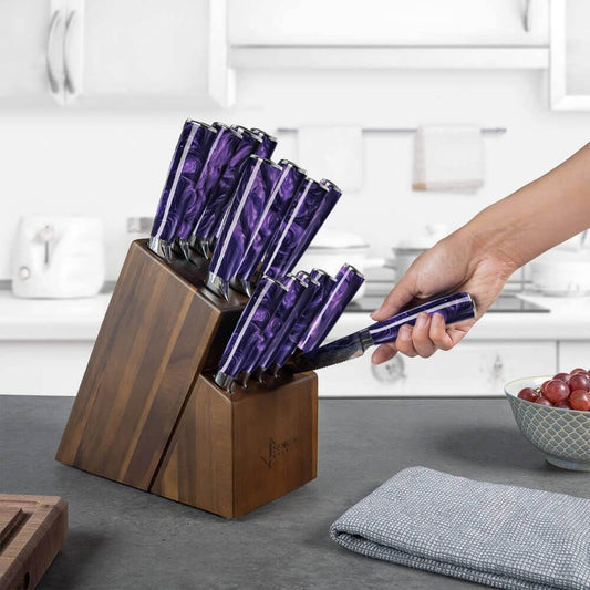 SENKEN 16-Piece Kitchen Knife Block Set - Japanese Chef's Knife Set with Laser Damascus Pattern, Includes 6 Steak Knives and Smoothly-Finished Acacia Hardwood Knife Block (Purple Resin Handles)