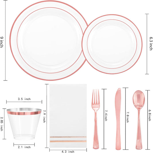 GATHER 350PCS Rose Gold Plastic Plates - Disposable Rose Gold Dinnerware Includes 100 Clear Rose Golds Rimmed Plastic Plates, 150 Silverware, 50 Napkins, 50 Cups for Party, Wedding