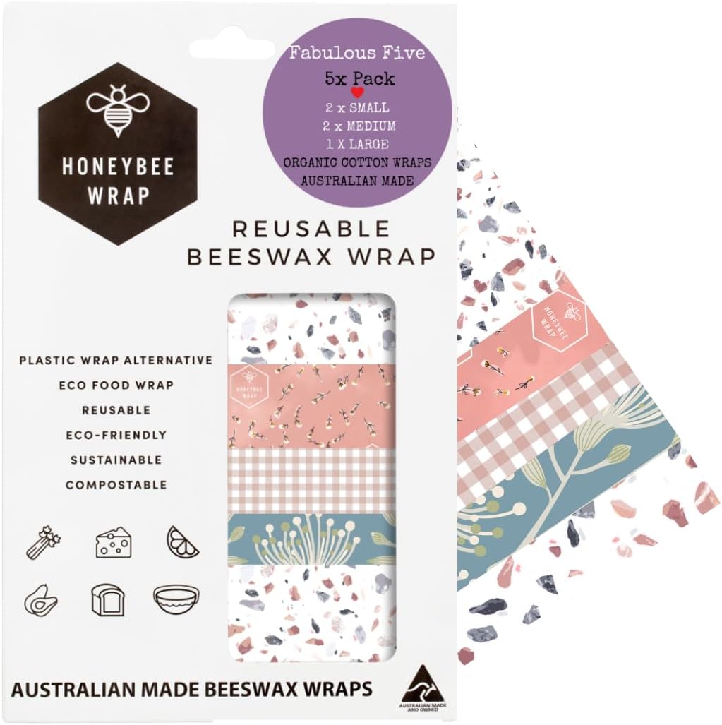 Reusable Beeswax Wraps, 5 Pack Neutral, Eco Friendly, Organic, Biodegradable, Food Storage, Reusable Bowl Covers, Australian Made