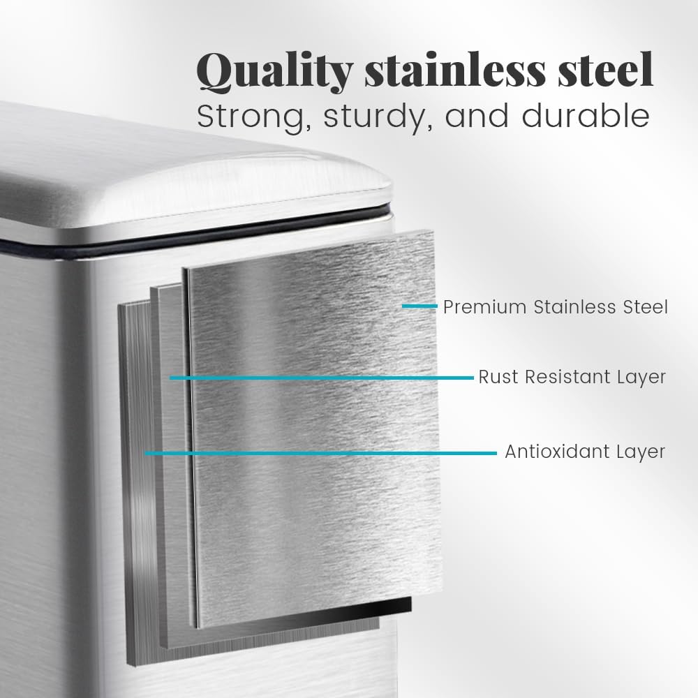 30L/Slim 8 Gallon Stainless Steel Trash Can with Soft-Close Lid & Removable Inner Bucket, Fingerprint-Proof, Odor-Controlled Kitchen Bathroom & Office Waste Bin, Silver