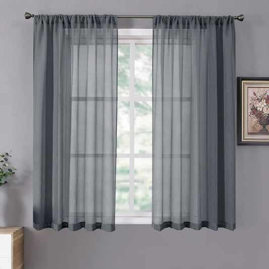 Tollpiz Short Sheer Curtains Living Room Linen Textured Curtain Sheers Light Filtering Voile Rod Pocket Curtains for Bedroom, 38 x 45 inches Long, Dark Grey, Set of 2 Panels