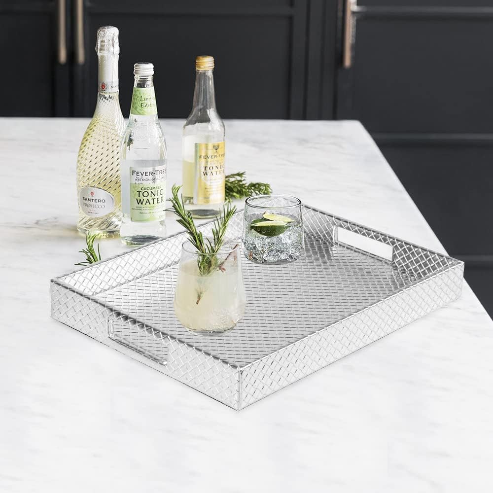 HofferRuffer Rectangle Serving Tray with Hole Handles for Coffee Table, Breakfast, Tea, Food, Butler - Countertop, Kitchen, Vanity Serve Tray, 16.2 x 12.2 x 2 inches, Faux Leather (Silver)