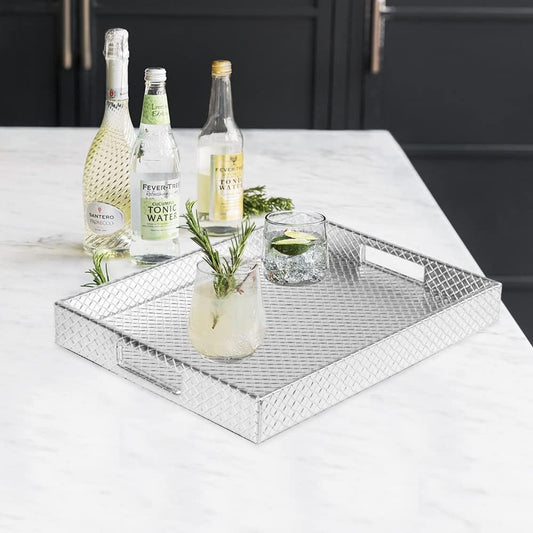 HofferRuffer Rectangle Serving Tray with Hole Handles for Coffee Table, Breakfast, Tea, Food, Butler - Countertop, Kitchen, Vanity Serve Tray, 16.2 x 12.2 x 2 inches, Faux Leather (Silver)
