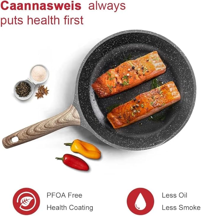 Caannasweis Nonstick Granite Frying Pan Skillet, Non Stick Omelette Fry Pans, Omelet Egg Pan, Stone Cookware Chef's Pan, Induction Compatible, PFOA Free (Gray, 9.5 Inch with Lid)