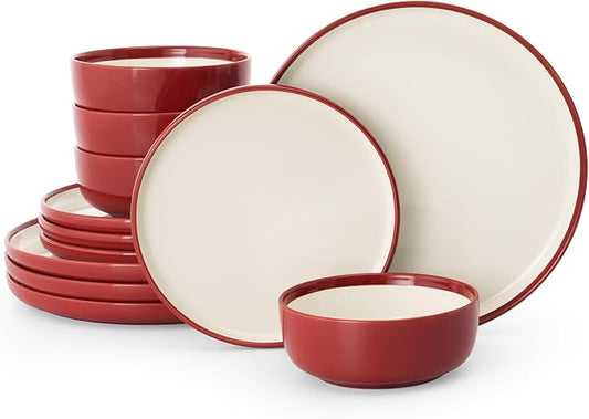 Famiware Lake MacDonnell Plates and Bowls Set for 4, 12 Pieces Dinnerware Sets, Handcrafted, Stoneware Dishes Set, Red and Beige