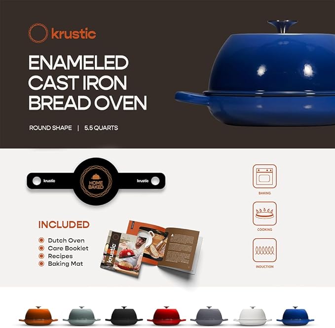 Enameled Cast Iron Dutch Oven for Sourdough Bread Baking | 6 Quart Pot with Lid | 10 Inch Ceramic Enamel Thick Coated Cookware Set with Non Stick Silicone Baking Mat for Cooking