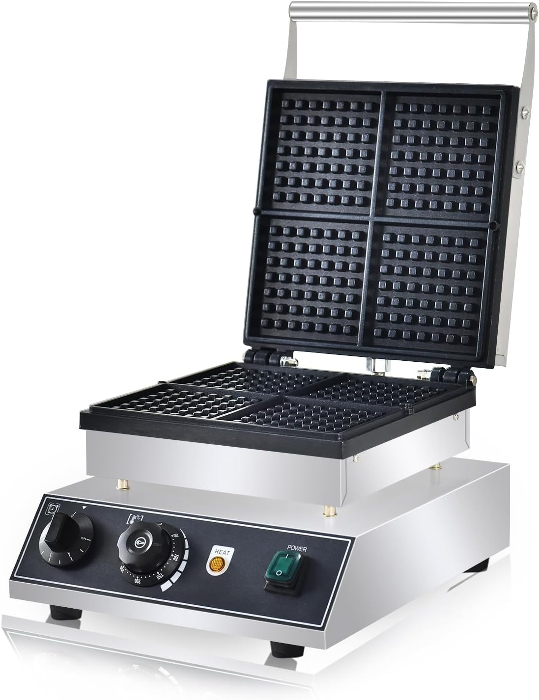 110V Commercial Square Waffle Maker ，4pcs Nonstick Electric Waffle Maker 1800W Electric Stainless Steel Belgian Waffle Machine with Temperature&Time Control for Snack Bar Home Bakeries