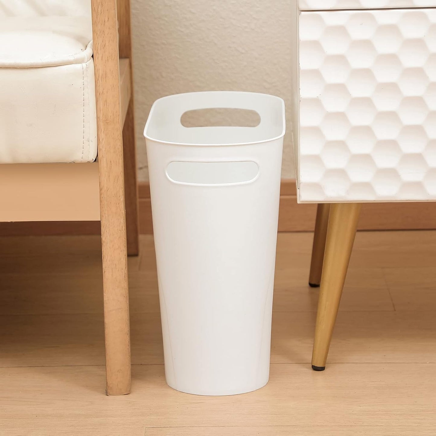 rejomiik Small Trash Can, 3.5 Gallon Slim Garbage Can Plastic Waste Basket with Handles Container Bin for Narrow Spaces Bathroom, Bedroom, Kitchen, Office at Home, 2 Pack White