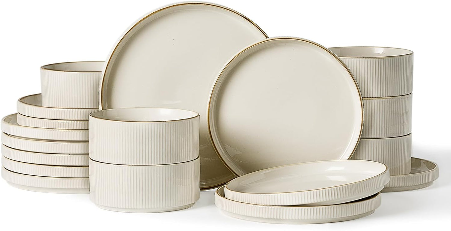 Famiware Star Dinnerware Set, Plates and Bowls Sets for 6 (18pcs), Ribbed Stoneware Dishes - Chip & Scratch Resistant, Microwave & Dishwasher Safe Kitchenware, White