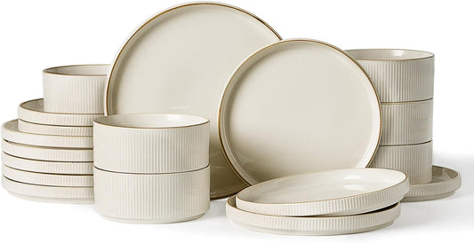 Famiware Star Dinnerware Set, Plates and Bowls Sets for 6 (18pcs), Ribbed Stoneware Dishes - Chip & Scratch Resistant, Microwave & Dishwasher Safe Kitchenware, White