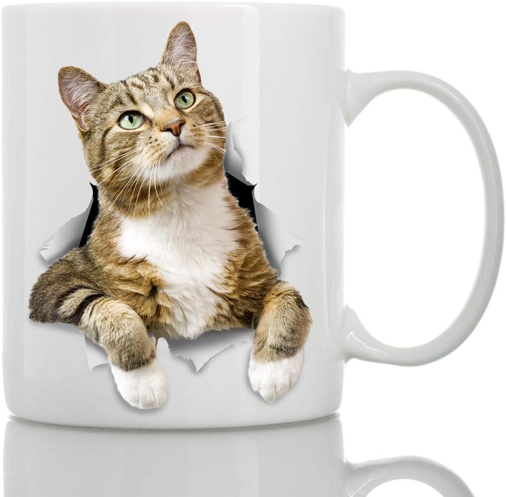 Pondering Tabby Cat Coffee Mug - Ceramic Funny Coffee Mug - Perfect Cat Lover Gift - Cute Novelty Coffee Mug Present - Great Birthday or Christmas Surprise for Friend or Coworker, Men and Women (15oz)