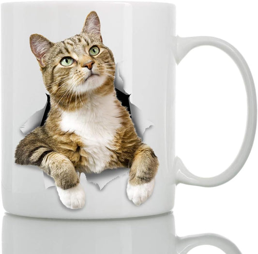 Pondering Tabby Cat Coffee Mug - Ceramic Funny Coffee Mug - Perfect Cat Lover Gift - Cute Novelty Coffee Mug Present - Great Birthday or Christmas Surprise for Friend or Coworker, Men and Women (15oz)