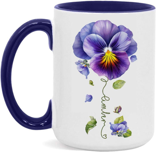 Pansy Design Ceramic Cup, Personalized Name Flower Themed Mug, Custom Coffee Cup For Pansy Flower Lover, Customized Floral Accent Mug 11oz 15oz, Pansy Cup Gift For Daughter