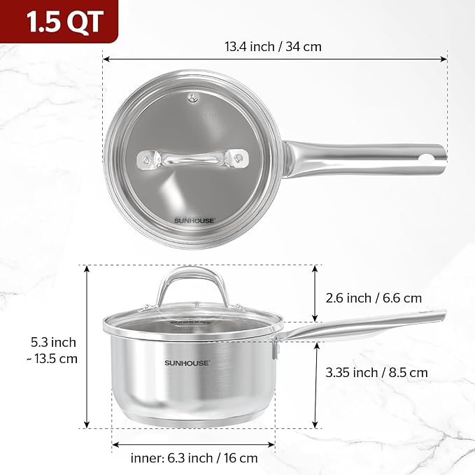 SUNHOUSE – 2 Quarts Stainless Steel Sauce Pan with Lid - PFOA-FREE, High Stainless Steel Sauce Pan, Advanced Impact Bonding Induction Base, Stay-Cool Handle, Compatible with All Cooktops