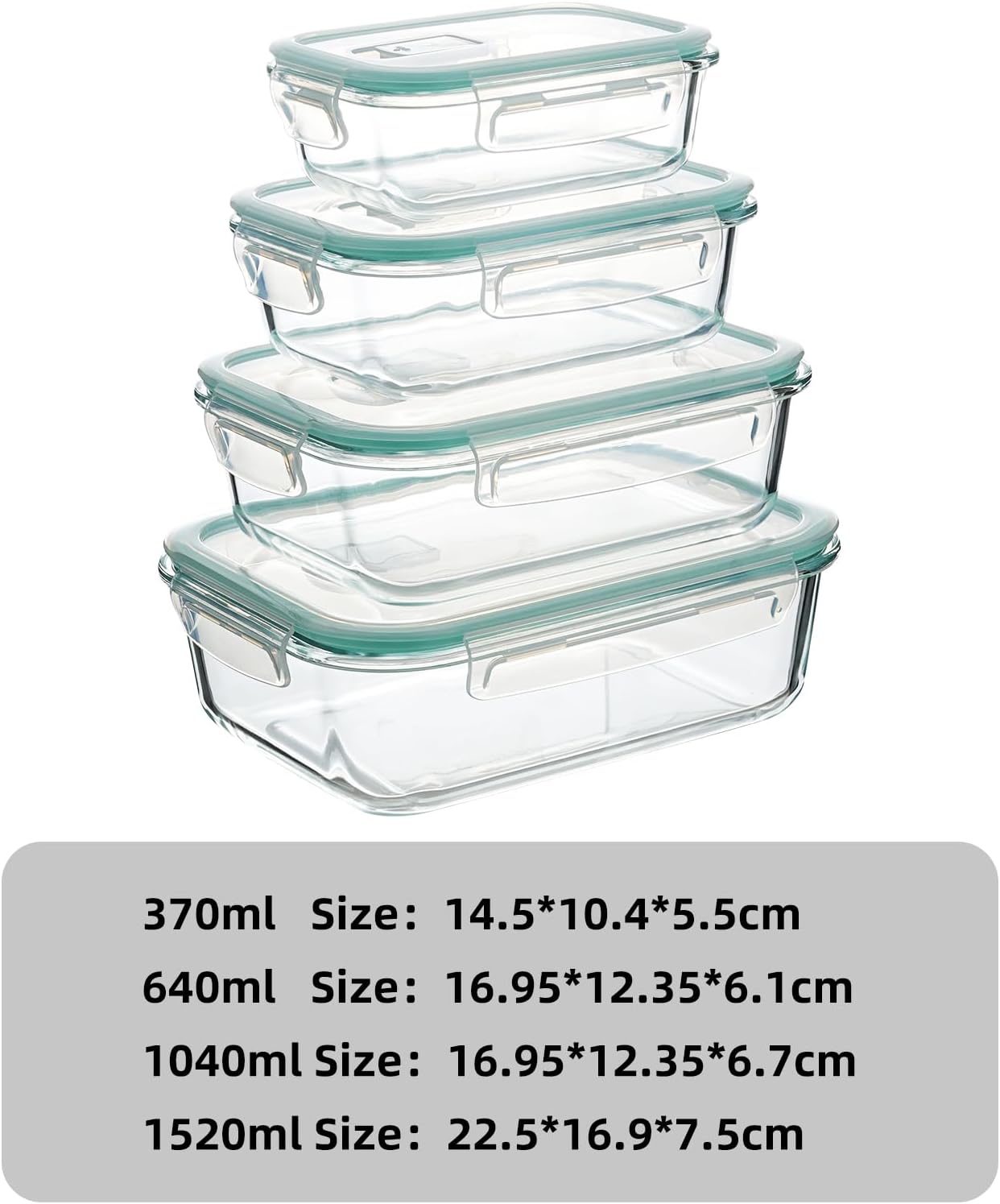 4 sealed glass lunch boxes with lids, transparent blue glass food storage containers, and sealed glass lunch boxes that can be placed in microwave ovens, refrigerators, and dishwashers