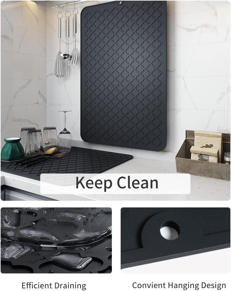 AMOAMI Dish Drying Mat,Heat-resistant,Easy Clean,Silicone Dish Drying Mats for kitchen Counter,Kitchen Gadgets Kitchen Accessories Kitchen Appliances (16" x 24", BLACK)