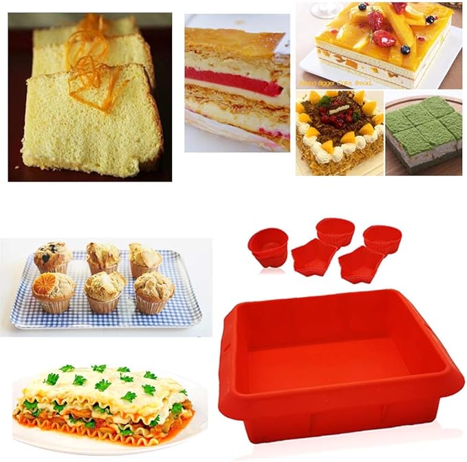 8X8inch Silicone Square Cake Baking Pan, Deep-Dish Roasting Lasagna, Silicone Baking Bakeware Brownie Pan +10 Pastry Muffin Molds Set of 11(Red)
