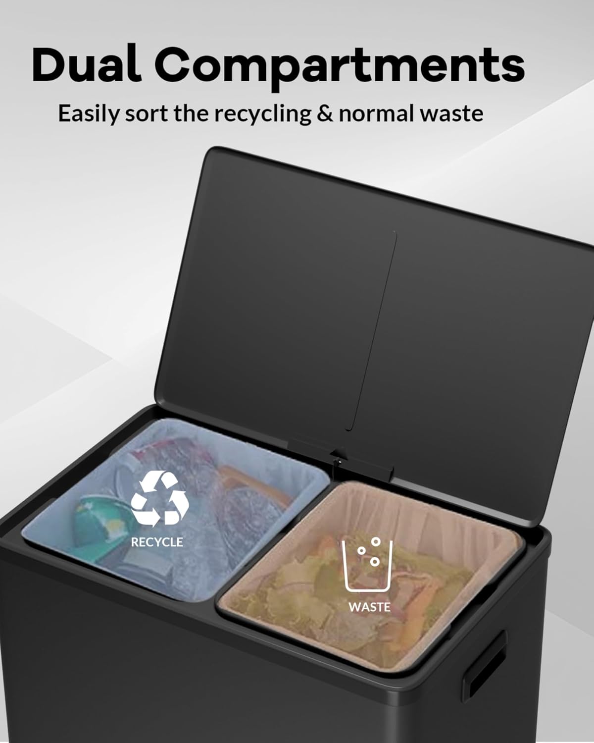 Garvee Dual Trash Can for Recycling and Trash, Stainless Steel Kitchen Trash Can with Lid and Foot Pedal, Double Compartment Garbage Can, with Recycling Bin