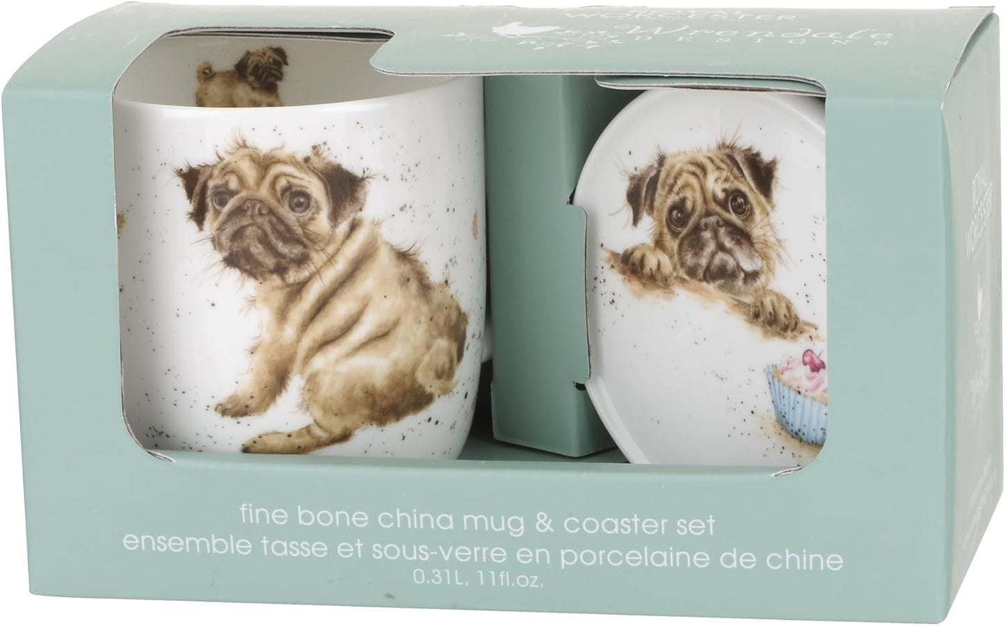 Royal Worcester Wrendale Designs 11 Oz Mug & Coaster Set, Pug Love - Fine Bone China Coffee Mug with Adorable Dog Motif, Dishwasher & Microwave Safe - Festive Gift for Animal Lovers
