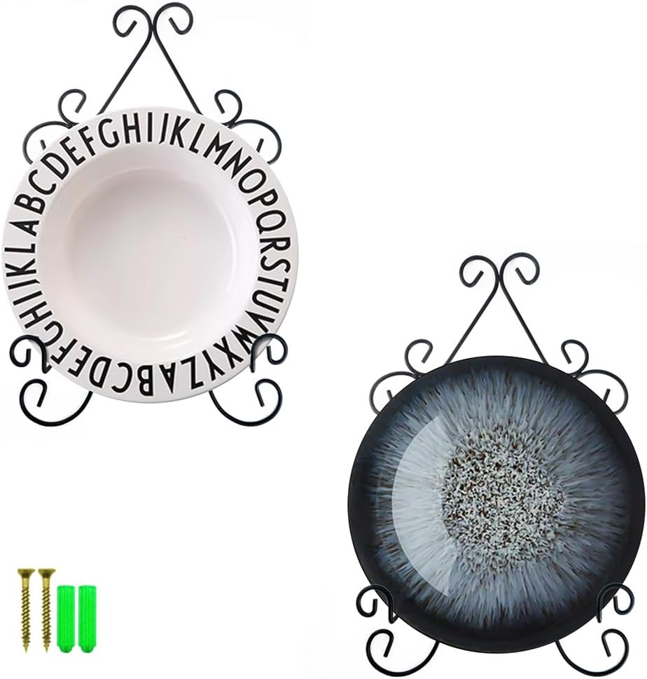 YY YEARCHY Plate Stand Holder for Wall Hanging Display Rack Art Hanger Metal Easel Photo Holder Books Bowls Platters (Black 2 Pack, 8 inches/12.6" x 7.87" x 1.57")