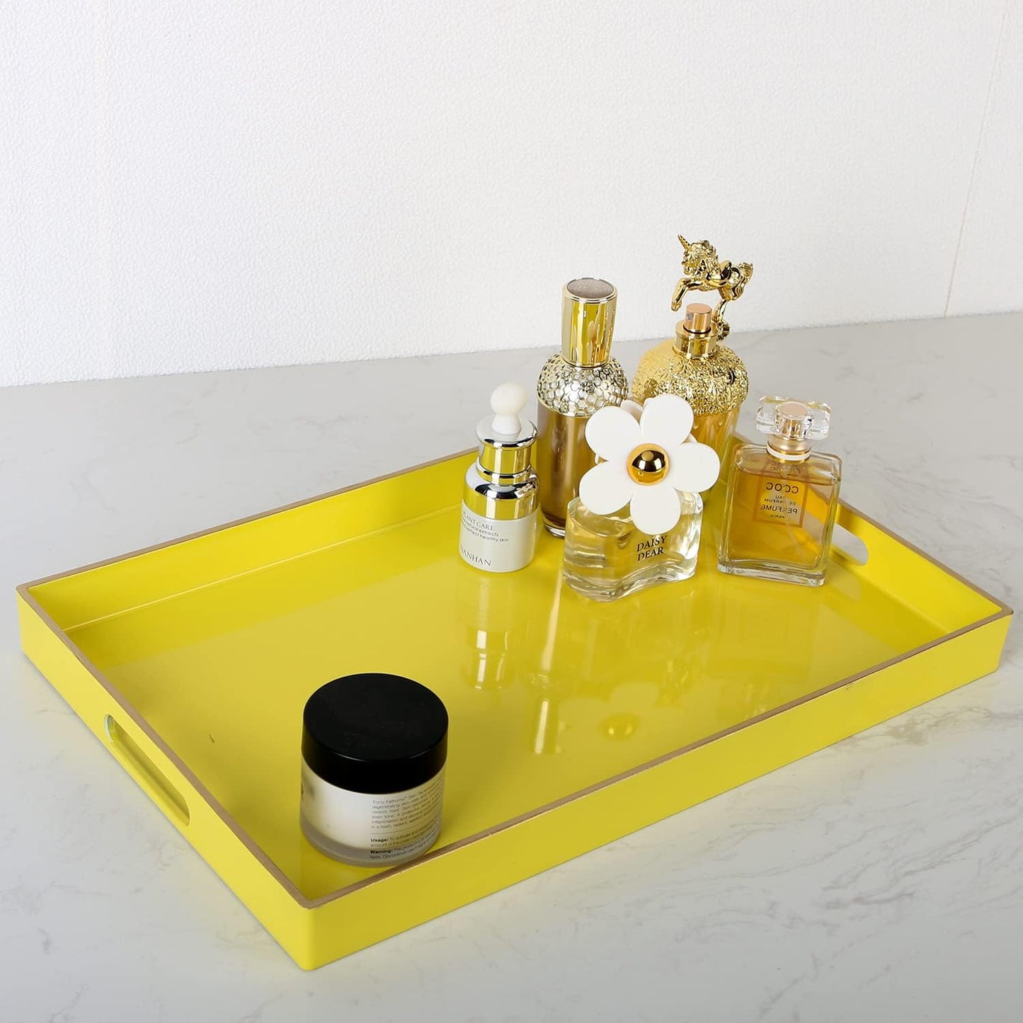 Zosenley Decorative Tray, Rectangular Plastic Tray with Handles, Modern Vanity Tray and Serving Tray for Bathroom, Kitchen, Ottoman and Coffee Table, 15.6" x 10.2" (Yellow)