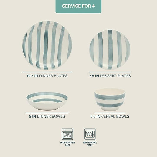 Gibson Home Kenwood Shores 16 Piece Dinnerware Set, Blue Striped, Hand-Painted Stoneware Dishes, Plates and Bowls, Service for 4, Microwave & Dishwasher Safe