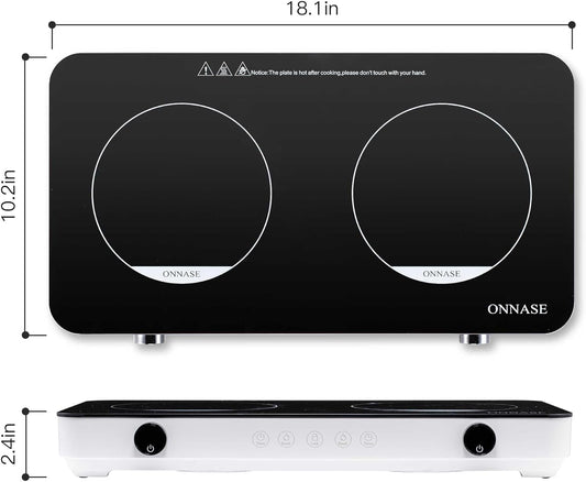 Induction Cooktop,1800W Induction Cooktop 2 Burner, Electric Countertop Cooker with 8 Temp & Power Levels, Kids Lock & Timer, Independent Controls, Low Noise