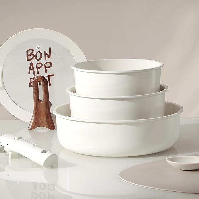 CAROTE 18Pcs Pots and Pans Set Non Stick, Nonstick Ceramic Cookware Set with Detachable Handle, Non Toxic Kitchen Cooking Sets, PFOA Free, Oven Safe, Stackable Induction Ready, Cream White