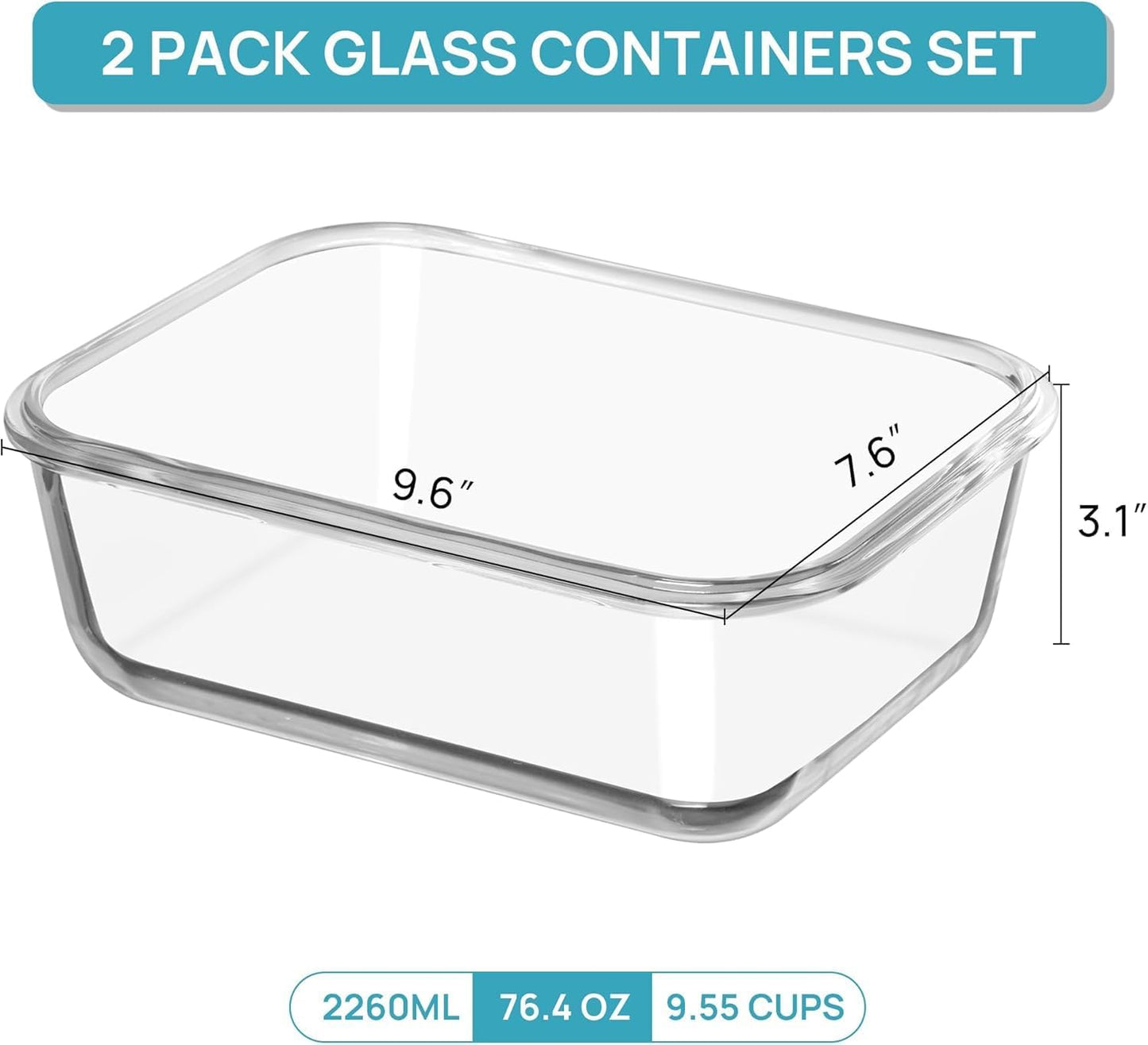 Vtopmart 2Pack 2260ml/ 76.4oz Large Glass Storage Containers with Lids, Meal Prep Food Container Set with Snap Airtight Lid for Baking, Microwave, Oven, Leak Proof, for Freezer, Dishwasher, Green