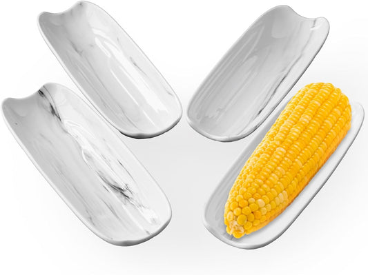 Cinf Ceramic Corn Cob Holders 8.8" Corn Dishes Set of 4 Trays Non-slip Bottom Microwave Dishwasher Oven Safe (Marble Pattern)