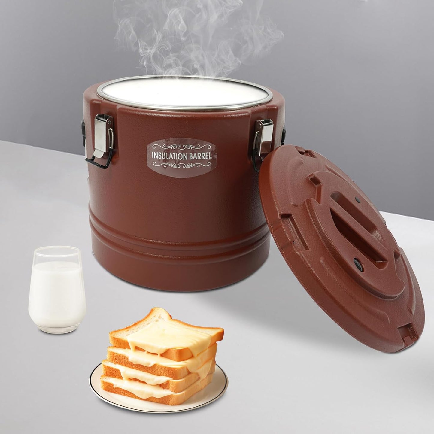 DYNAMI 8Gal Insulated Food Container with Handles&Buckles,Portable Commercial Food Warmer Insulated Soup Container Cold Hot Box for Catering,Stainless Steel Inner Liner, Sealed and Leak-proof (Brown)