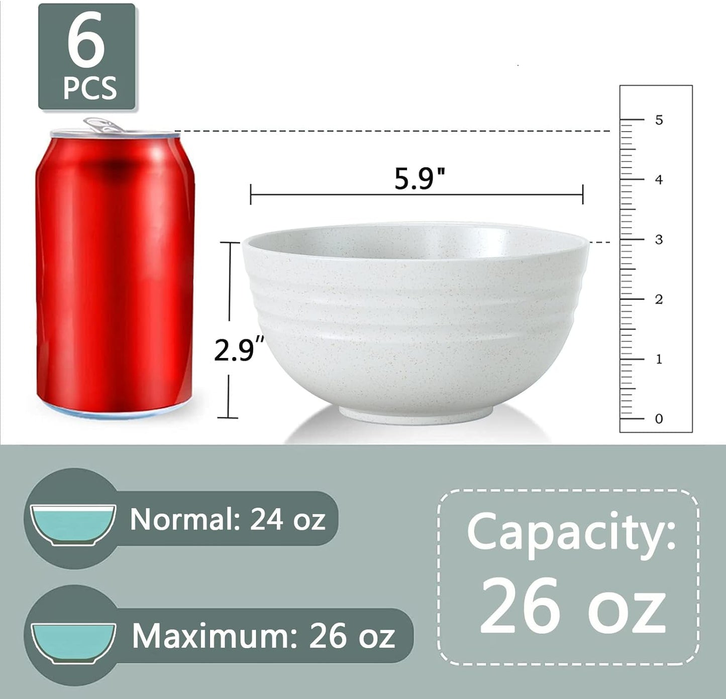 【NOT CERAMIC】Unbreakable Cereal Bowls, 25 OZ Wheat Straw Bowls Microwave and Dishwasher Safe BPA-Free Eco-Friendly Bowl Beige Color for Cereal, Serving ,Soup, Oatmeal, Pasta and Salad（Set Of 6）