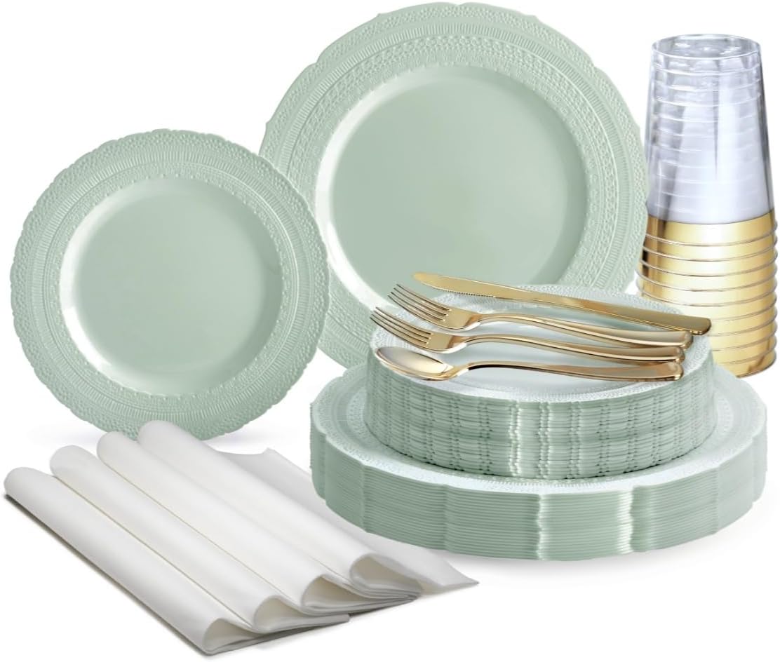 " OCCASIONS " 640pcs set (80 Guests)-Extra Heavyweight Vintage Wedding Disposable/Reusable Plastic Plates 80 x 11'' + 80 x 8.25''+Silverware+Cups+Napkins (Chateau in Mint)