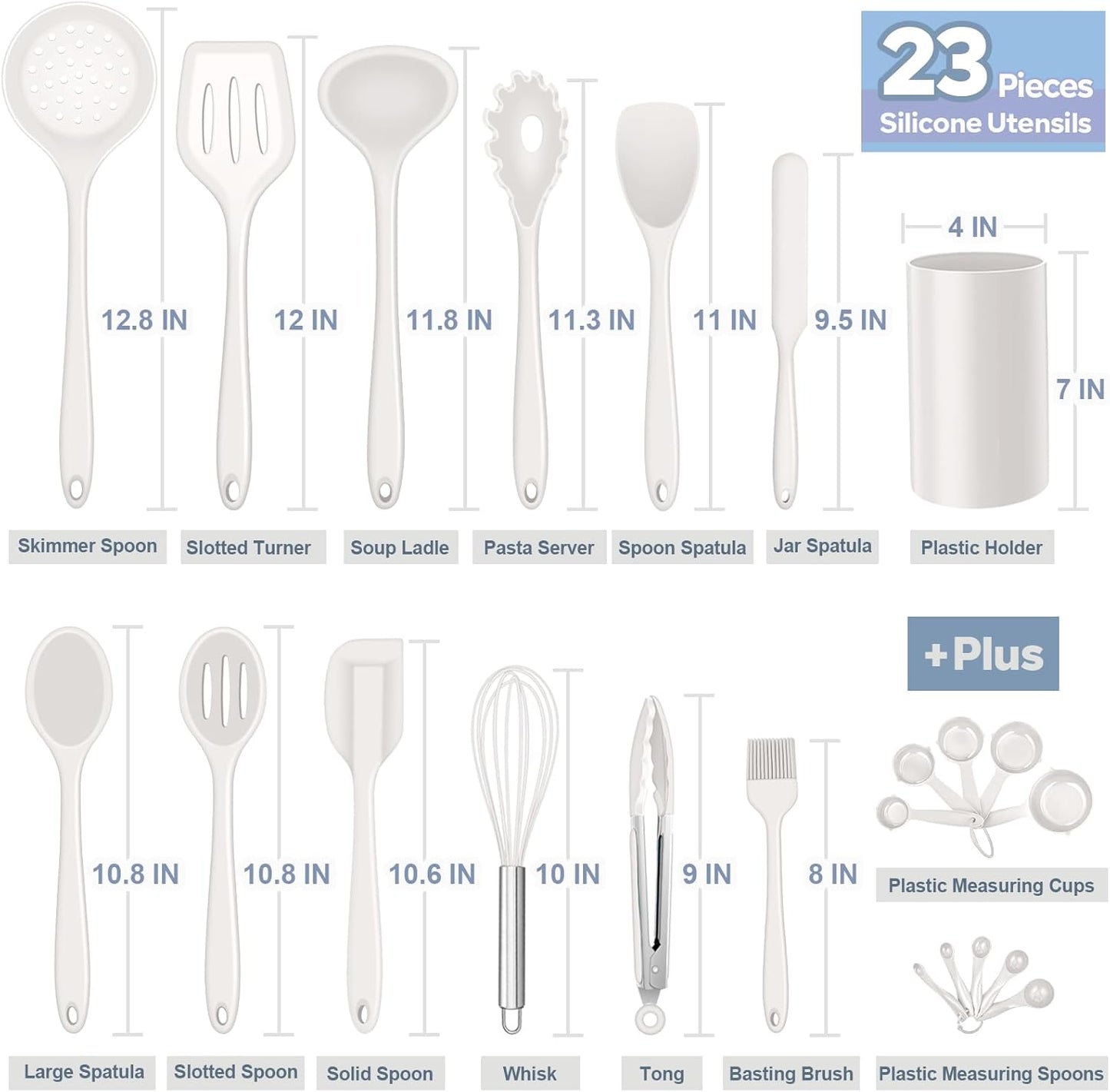 Silicone Kitchen Utensils Set, E-far 23 Pcs White Cooking Utensils Tools with Holder for Nonstick Cookware, Include Spatula/Spoon/Ladle/Tongs/Turner, Heat Resistant & Nontoxic, Dishwasher Safe