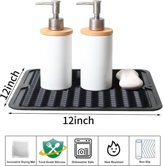 ZLR 2 Pcs Silicone Dish Drying Mats for Kitchen Counter, Eco-Friendly Fast Dry Dish Mat, Easy Clean Multi Usage Drying Matt, Heat Resistant Trivet, 12" x 12" Middle, Black
