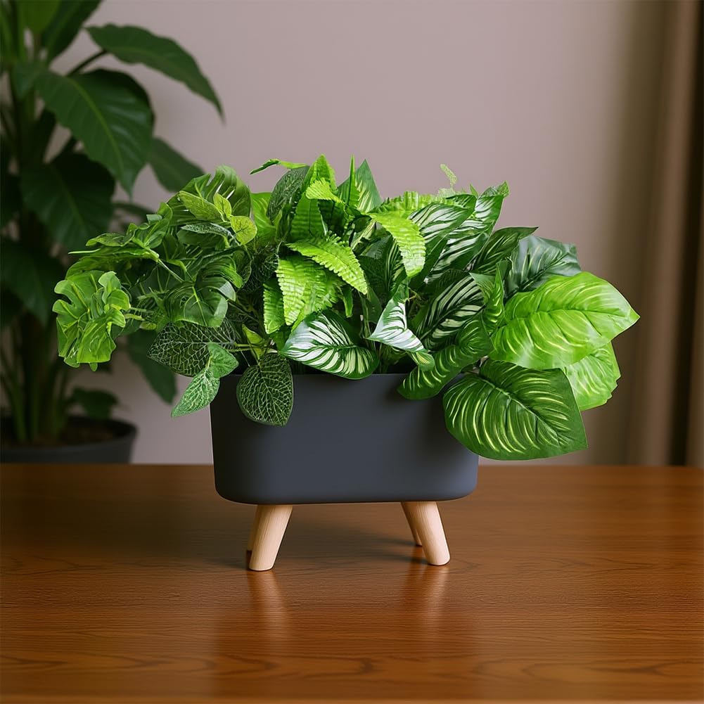 Artificial Green Grass Plants in Rectangular Planter Boxes, Faux Greenery in Decorative Crate Style for Office Table Wedding Kitchen Windowsill Shelf Decor