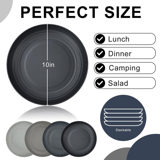 Wheat Straw Plates 10 Inch Dinner Plates Set of 8, Lightweight and Unbreakable Plastic Plates Reusable, Microwave & Dishwasher Safe Kids Plates (Black, Grey)