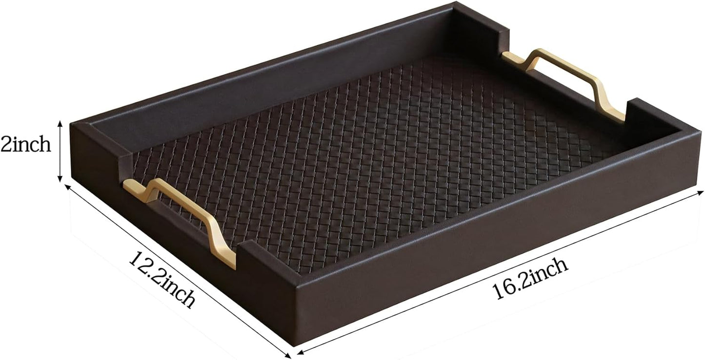 HofferRuffer Faux Leather Rectangle Serving Tray Decor Platter with Gold Metal Handles for Coffee Table, Breakfast, Tea, Food, Countertop, Kitchen, Butler Tray, 16.2 x 12.2 x 2 inches (Coffee)