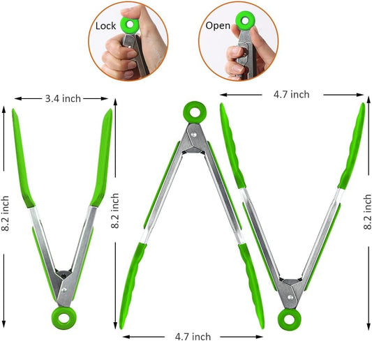 Small Silicone Serving Tongs Set of 3, Mini Tongs (7 inch) with Silicone Tips and Stainless Steel Handle, Great for Salads, Steaks, Vegetables