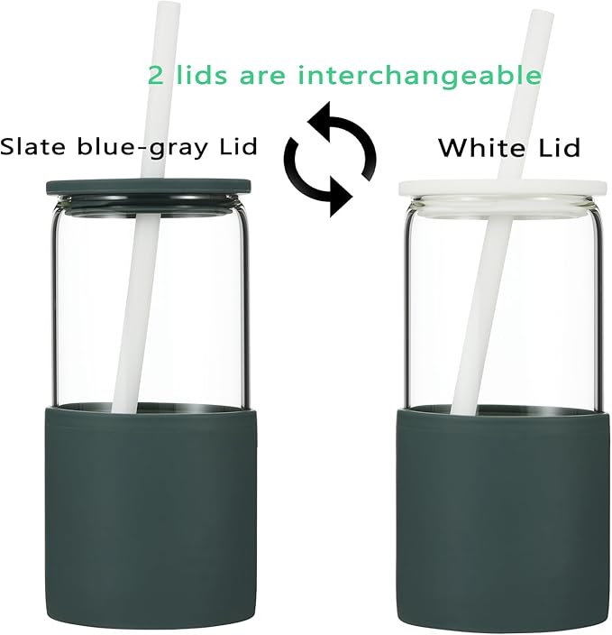 Sunseeke Glass Tumbler with Straw and Lid, 16oz Ice Coffee Cup, Silicone Sleeve Cleaning Brushes, Drinking Glasses for Water, Iced Coffee, Smoothie - BPA Free (Slate blue-gray)